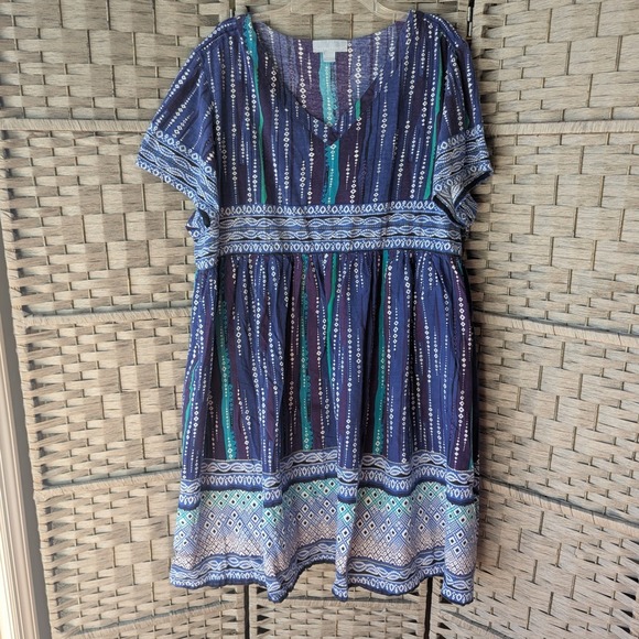 Only Necessities Dresses & Skirts - Blue White Print Cotton Empire Waist Babydoll Dress Sz 2X 26/28 Resortwear Boho